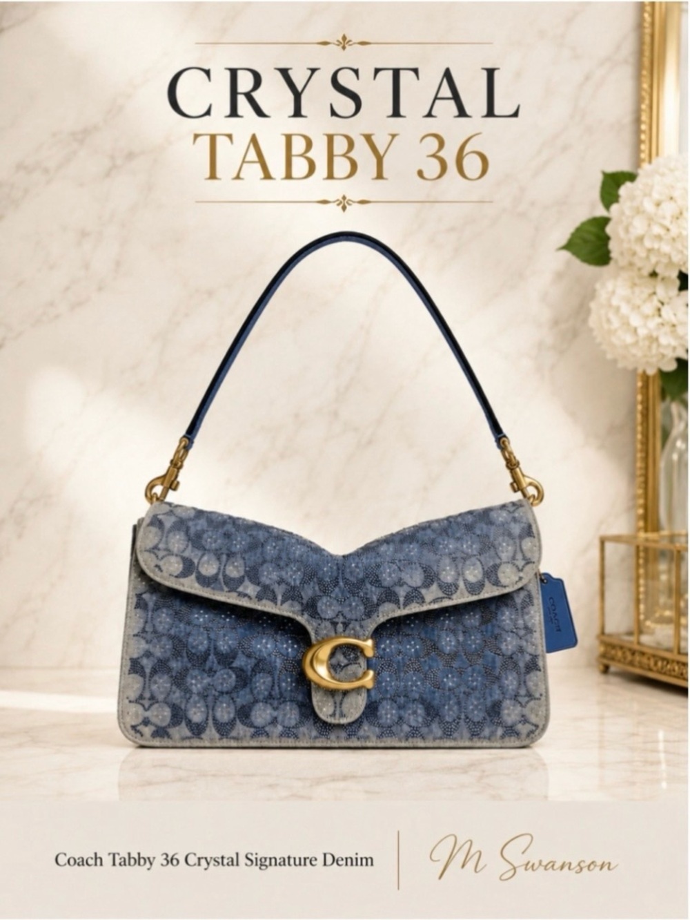 Coach Crystal Tabby 36 Denim Shoulder Bag in Blue and Gold